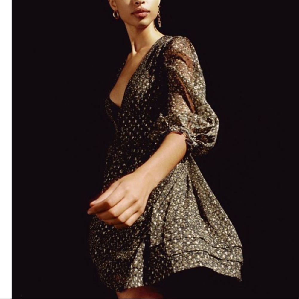 Urban Outfitters Black Floral Puff-Sleeve Mini Dress